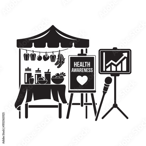 Black and white illustration of a health awareness market stall setup