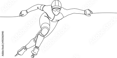 Single continuous line drawing of a speed skater in dynamic motion representing winter sport energy