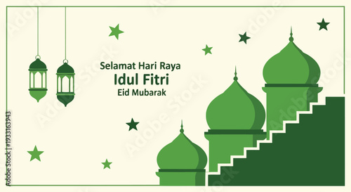 Idul Fitri vector illustration with mosque, lanterns, and stars for Eid Mubarak greeting card