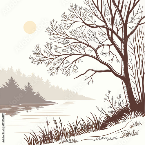 Bare tree by serene winter lake with misty background and moon
