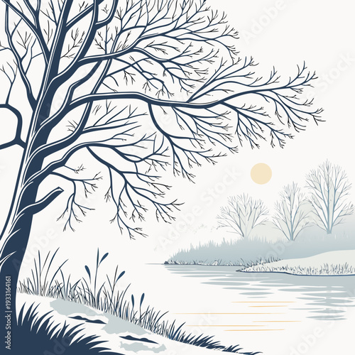 Winter lakeside scene with bare tree and misty moonlit water