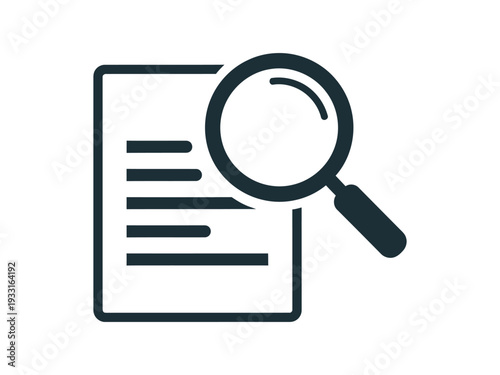 A magnifying glass examining a document with lines of text. Vector