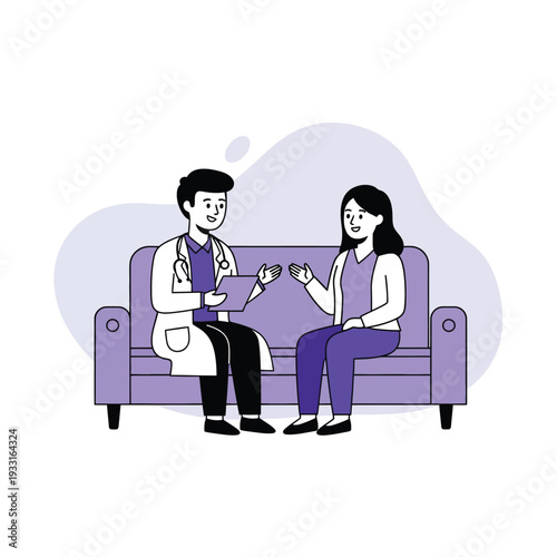 Professional Doctor Consults Female Patient on Sofa Providing Health Advice and Support