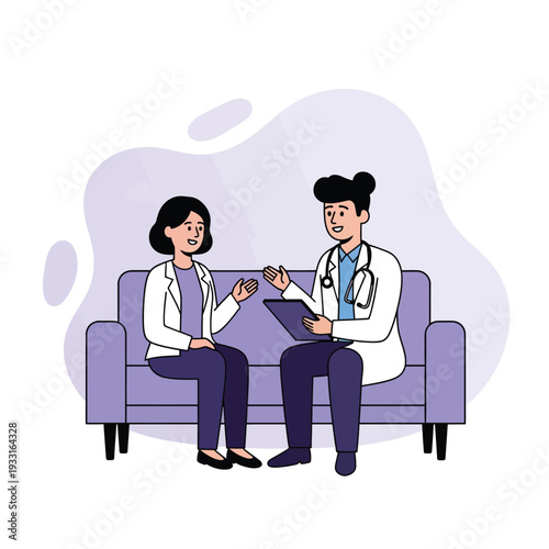Dokter dan Pasien Berdiskusi Kesehatan di Sofa: Konsultasi Medis yang Ramah dan Mendukung