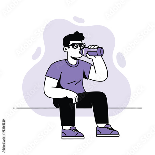 Young man in sunglasses drinking water from a bottle, resting and staying hydrated.