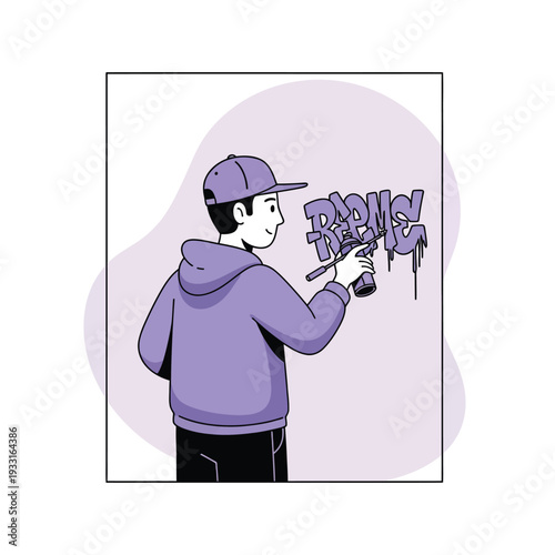 Young Man Spray Painting Graffiti Art on a Wall with a Cap and Hoodie, Urban Street Culture Illustration