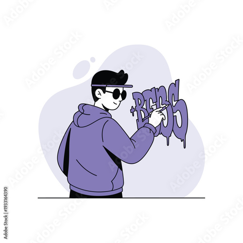 Cool Young Man in Purple Hoodie and Sunglasses Creating Street Art Graffiti on Wall - Urban Culture Vector Illustration