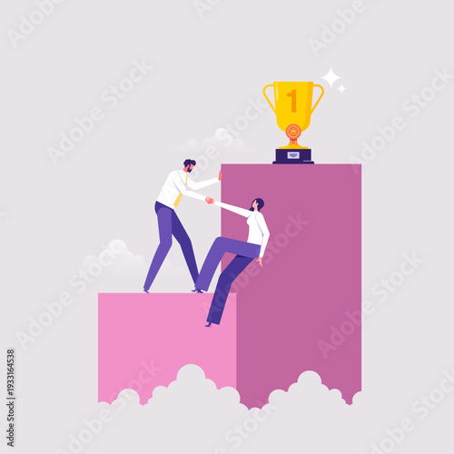 Assist in a crisis or support in achieving success concept, teamwork climbing to top showing support