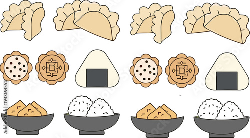 Japanese Traditional Food Vector Set with Dumplings Onigiri Rice Bowls and Asian Pastry Illustration