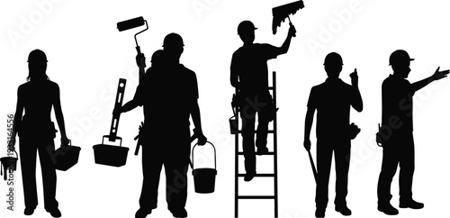 Painter and construction worker silhouettes vector illustration, professional renovation team with ladder and tools, home improvement service concept, isolated black figures for design use