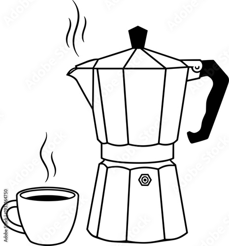 Classic Moka Pot and Steaming Coffee Cup Vector Illustration - Perfect for Coffee Shops, Cafes, Home Brewing, Morning Rituals, and Italian Espresso Lovers