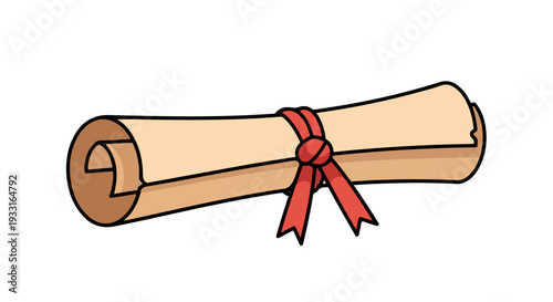 Illustration of a rolled parchment tied with red ribbon on white background viewed from the side