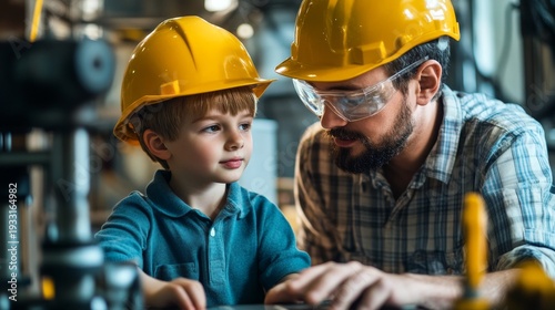 Wallpaper Mural Child in a factory setting learning engineering basics with a mentor, showcasing early education in technical fields Torontodigital.ca