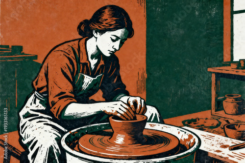 Retro Linocut Style Art Featuring Artisan Hands Shaping Ceramic Pot in Workshop