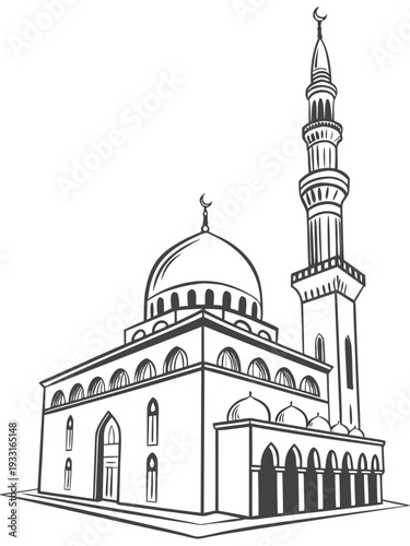 Simple black and white line drawing of a mosque with a minaret and dome representing islamic architecture and religious significance perfectly