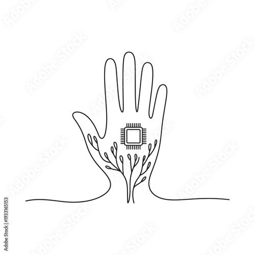 A hand outline cradling a microchip with plant like extensions