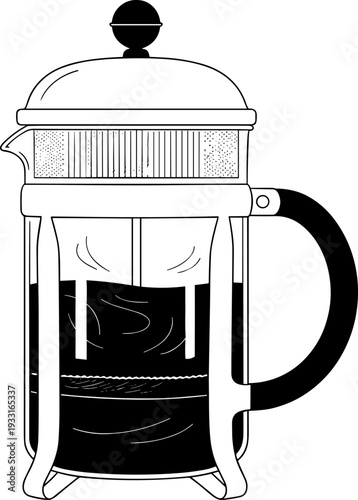 Stylish Vector Illustration of a Classic French Press Coffee Maker - Perfect for Coffee Lovers, Kitchen Decor, Cafe Branding, and Modern Designs. Hand-drawn Brew Icon.