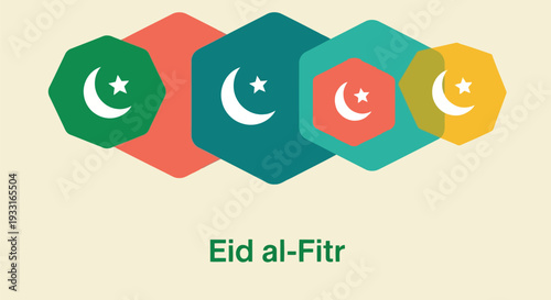 Eid al-Fitr celebration vector with crescent moon and star icons in colorful geometric shapes