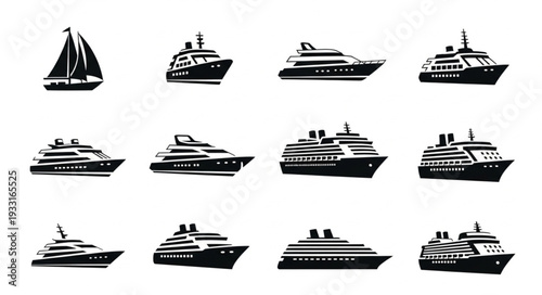 Collection of various black and white boat illustrations, perfect for nautical themes and designs.