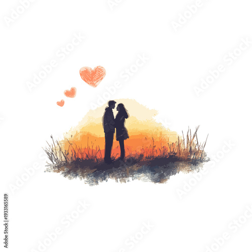 romantic couple enjoying the sunrise drawn vector illustration