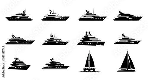 Collection of luxury yachts and sailboats in black and white silhouette style.