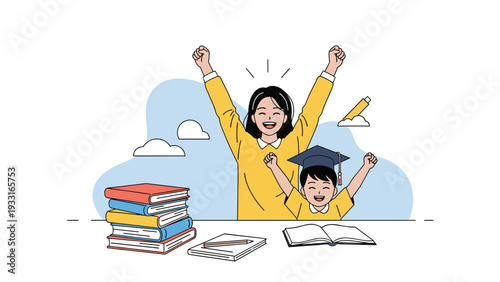 Cheerful mother and her young son in a graduation cap raising their arms in triumph behind a desk with stacks of school books and notebooks.