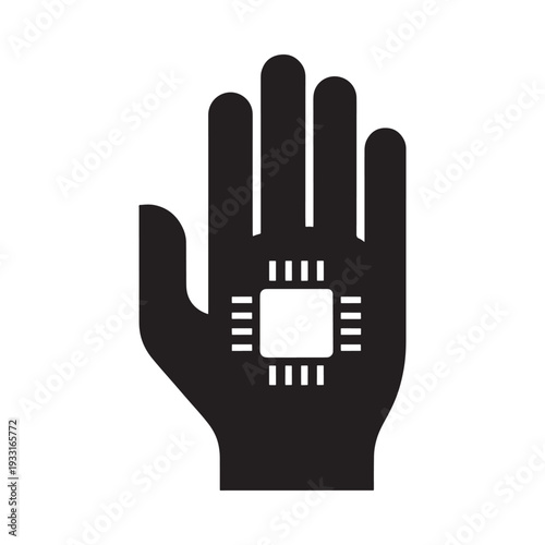 A black silhouette of a hand displaying a microchip technology icon