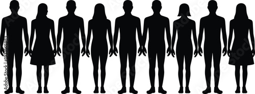 Male and Female Full Body Silhouettes Collection Standing Front View Isolated on White Background for Diversity Identity Medical and Character Design Concept