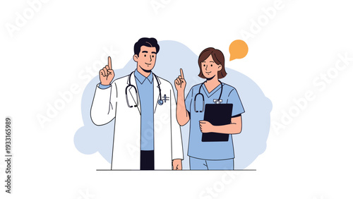 Professional male doctor and female nurse standing together in uniform while gesturing and holding a medical clipboard for a consultation.
