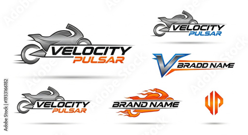 Motorcycle logo designs showcasing speed and brand identity for various companies.