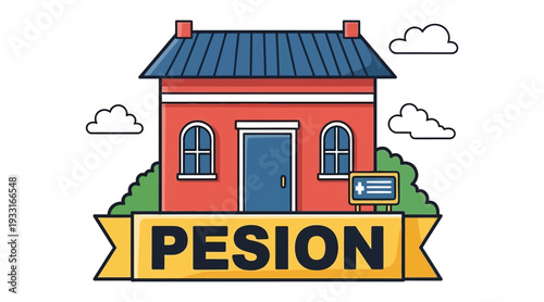 Colorful illustration of a red house with a blue roof and door surrounded by clouds and a sign reading pesion