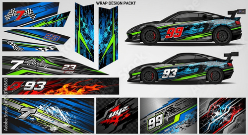Racing car graphics design with dynamic color schemes and racing numbers.