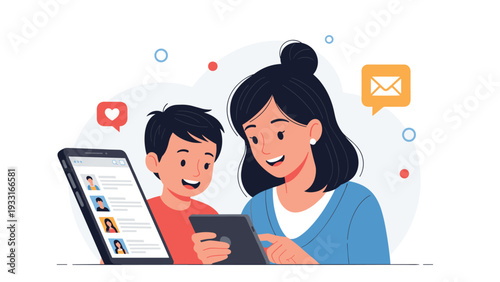 Mother and her young son smiling while looking at a smartphone and tablet together with various social media icons floating in the background.