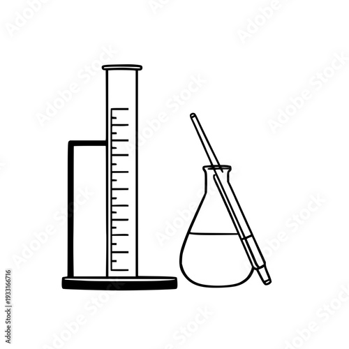 Black silhouette of graduated cylinder and pipette against white background, laboratory research equipment illustration ideal for science education
