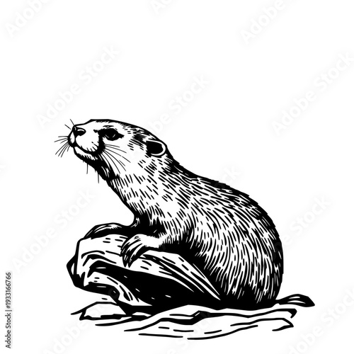 Intricate woodcut illustration of a river otter in flowing black ink, vintage wildlife style over a white background, rustic nature-themed artwork.