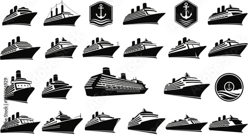 Collection of various cruise ship silhouettes in black and white, perfect for design.