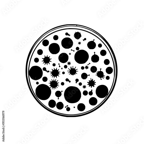 Black silhouette petri dish with bacteria culture outlines on white background for medical research, microbiology illustration, lab graphics