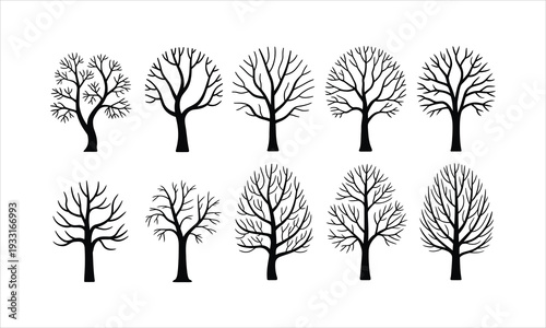 Bare tree silhouette set. Winter dead trees without leaves vector illustration.
