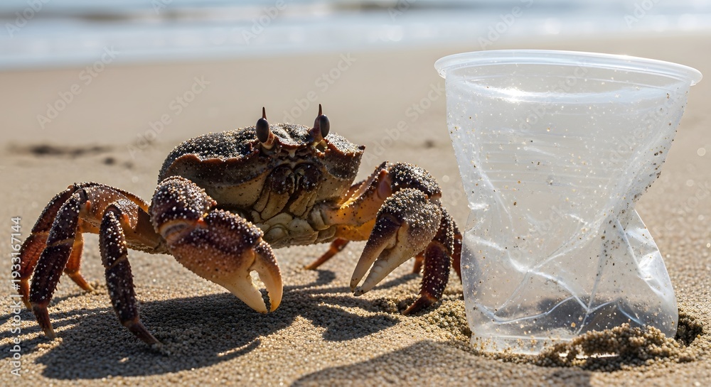 Obraz premium Horned ghost crab next to discarded plastic cup. A powerful image illustrating the impact of plastic pollution on marine wi.