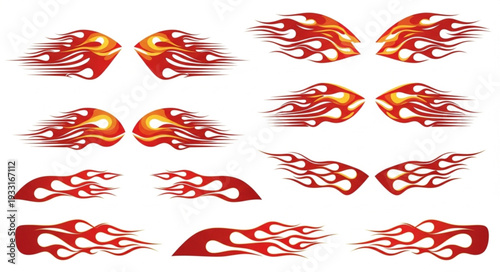 Fiery flame decals in various shapes and sizes for vehicle customization and design.