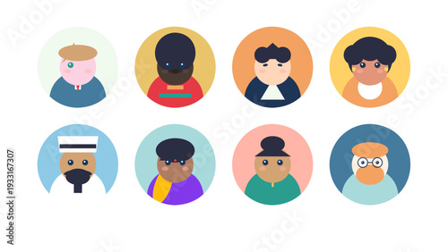 Professional vector children style set icons featuring diverse kids characters for user avatar profile pictures. Colorful collection of round faces for social media UI and website design projects.
