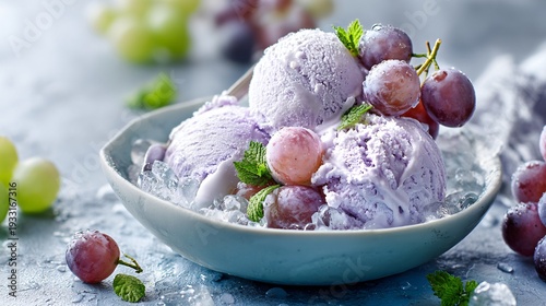 Creamy homemade ice cream infused with reduced Prosecco and grape purée, pale lavender hue, scooped into chilled bowl with fresh grape garnish, condensation visible, pastel dessert styling