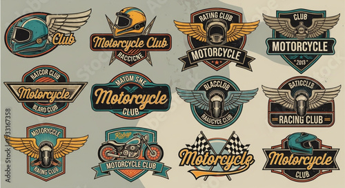 Collection of vintage motorcycle club emblems and badges with wings and helmets.
