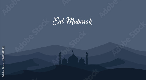Eid Mubarak mosque silhouette vector illustration with night landscape background