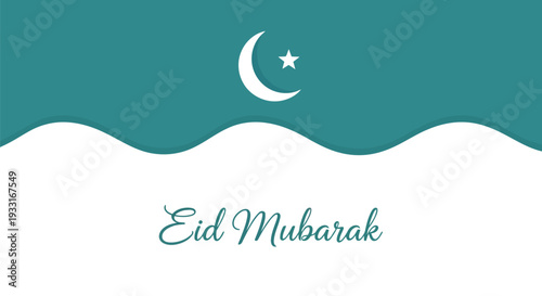 Eid Mubarak greeting card with crescent moon and star minimalist teal vector design