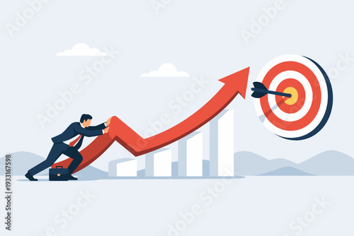 Businessman Pushing Red Upward Arrow Chart Towards Bullseye Target, Concept of Achieving Business Goals, Financial Growth, Success, Ambition, Leadership, and Motivation to Reach New Heights