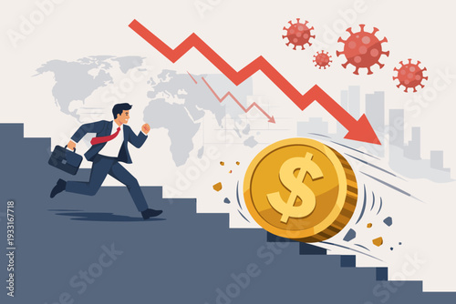 Businessman Running Away from a Giant Falling Dollar Coin on Stairs During a Global Economic Crisis Caused by the Coronavirus Pandemic with a Red Downward Arrow and World Map Background.