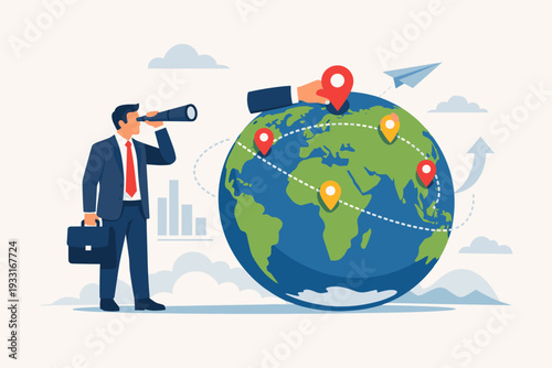 Businessman in Suit Using Telescope to Seek Global Business Opportunities and Future Vision with Hand Placing Location Pins on Earth Globe for International Expansion and Strategy