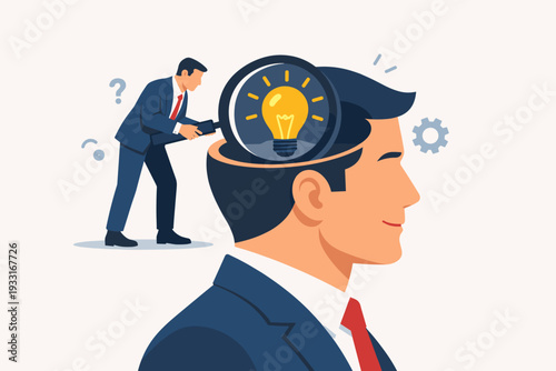Businessman Using Magnifying Glass to Search for Creative Ideas Inside Colleague Head, Concept of Innovation, Talent Recruitment, Brainstorming, Insight, Discovery and Business Strategy Illustration