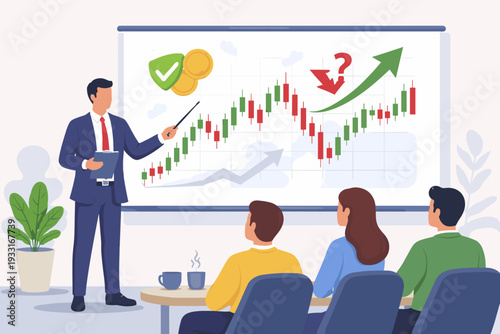 Businessman in a Suit Presenting Stock Market Growth Chart to Investors, Analyzing Candlestick Patterns, Financial Investment Seminar, Trading Strategy Analysis and Market Trends Prediction